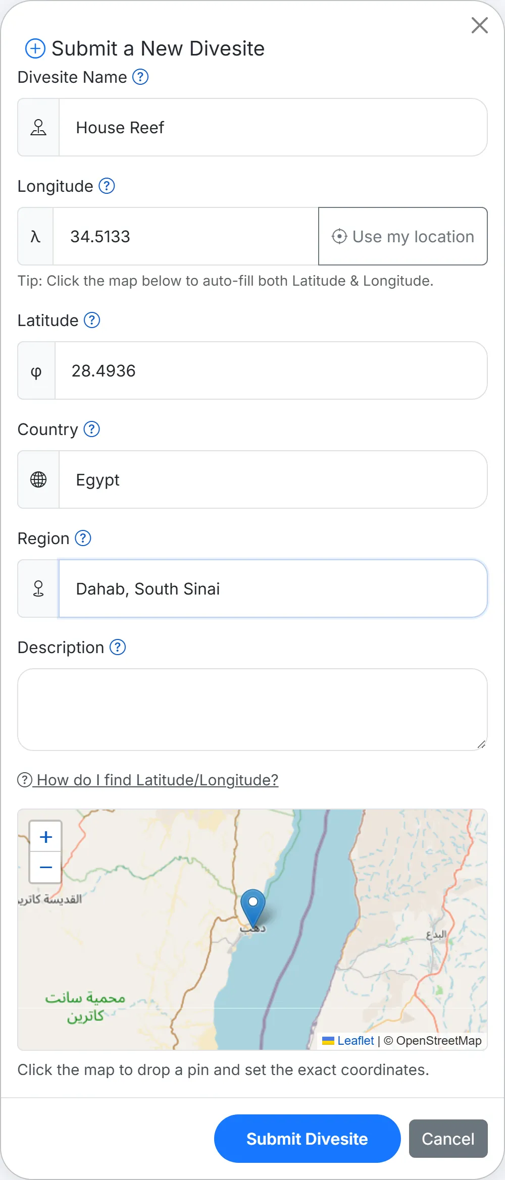 The “Submit a New Divesite” window: name, longitude and latitude, country, region, description and a map with a pin on the coast near Dahab.