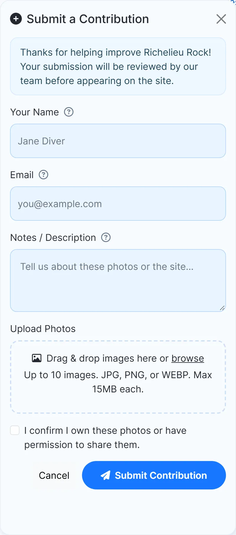 The “Submit a Contribution” window of a dive-site page: name, email, notes, a drop area for up to 10 photos and a box to confirm the photos are yours.