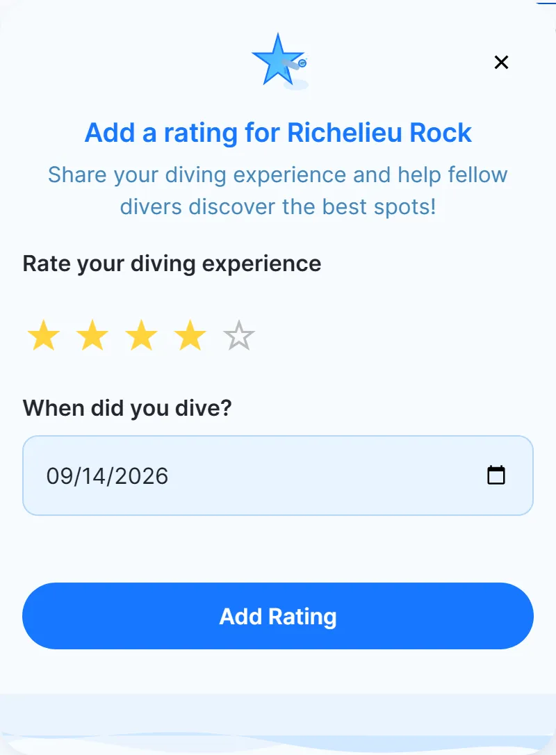 The rating window of a dive site: four of five stars chosen and the date of the dive filled in.